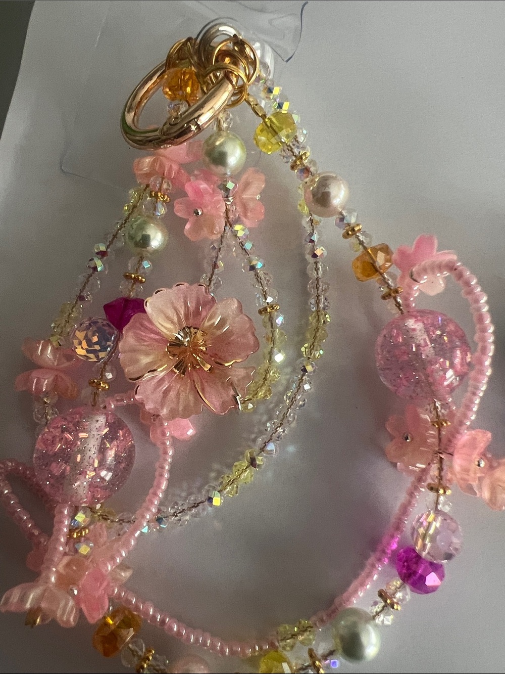 Pink Floral Beaded Charm Keychain